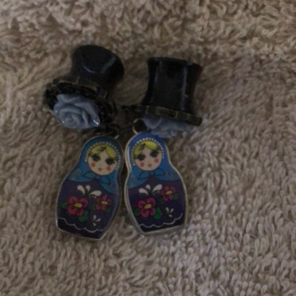 Rose and Russian nesting doll 00 gauge earrings